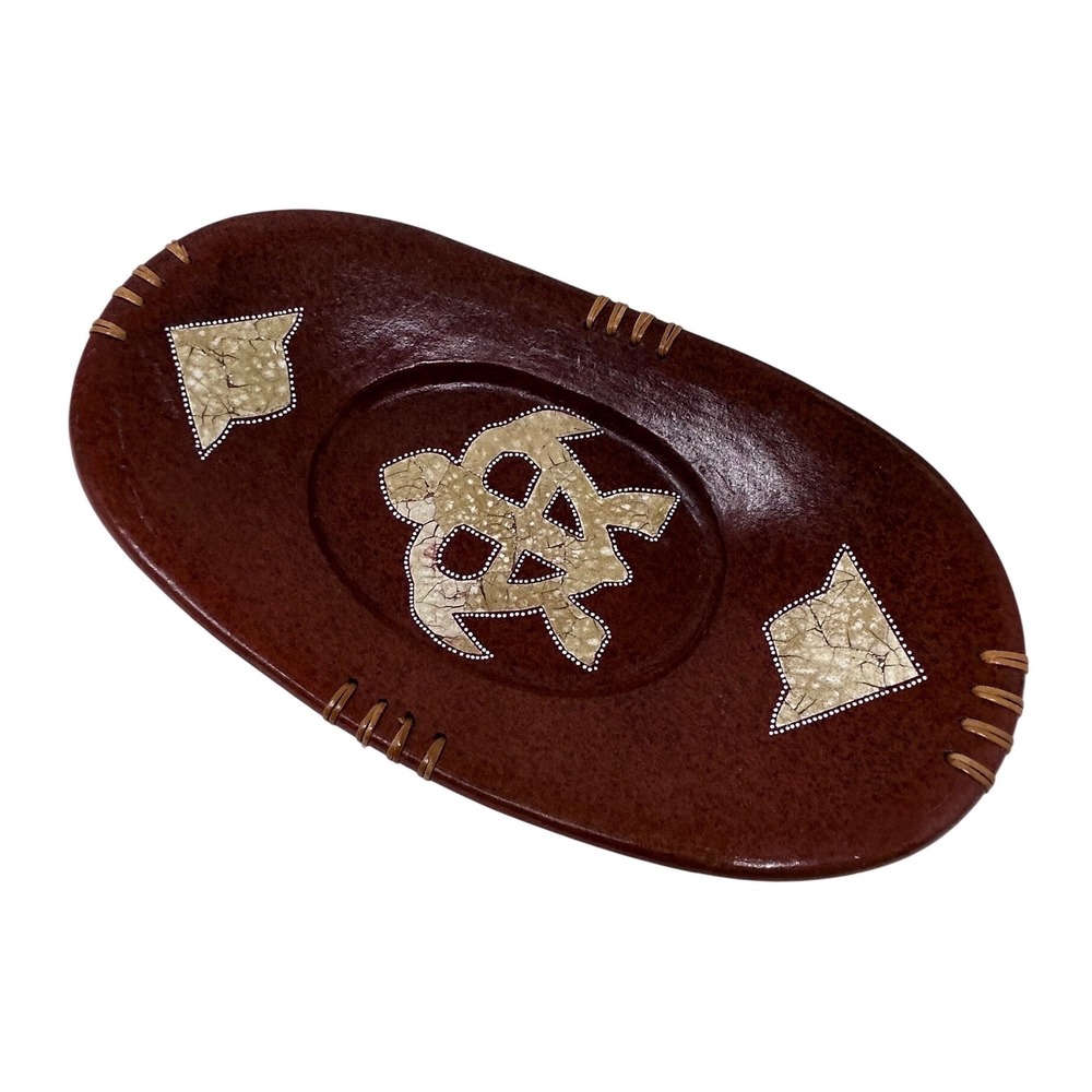 Vintage Southwestern Turtle Inlay Art Pottery Rawhide Rim Platter 14" Santa Fe
